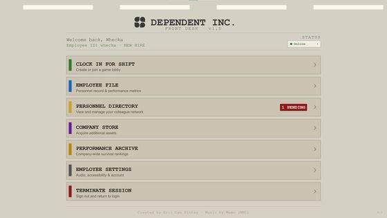 Dependent Inc. giriş masası menüsü
